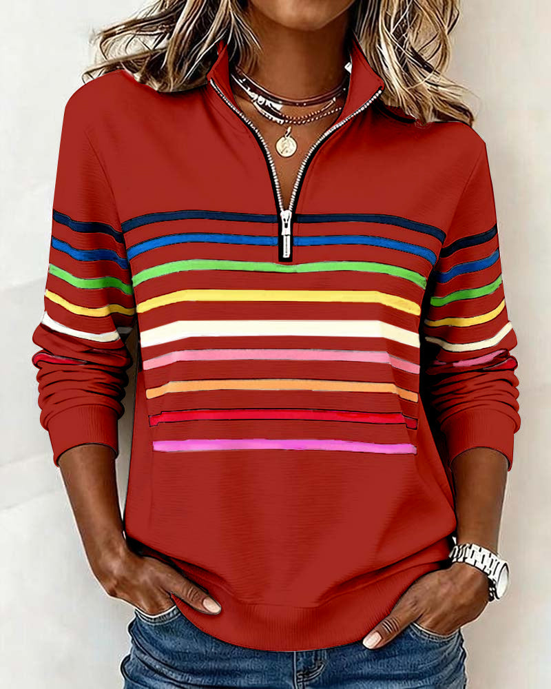 Isavelline - Sweat Zippé Décontracté à Rayures Colorées
