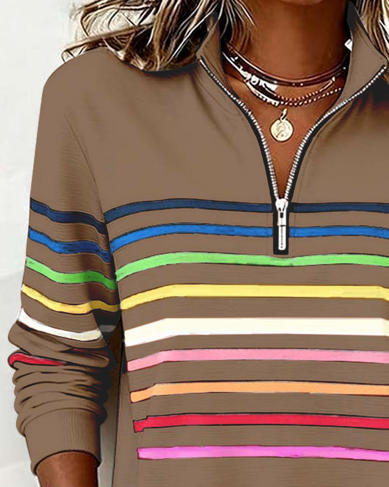 Isavelline - Sweat Zippé Décontracté à Rayures Colorées