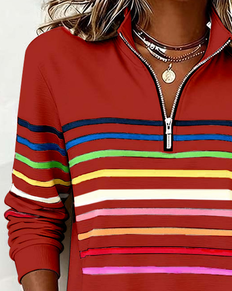 Isavelline - Sweat Zippé Décontracté à Rayures Colorées