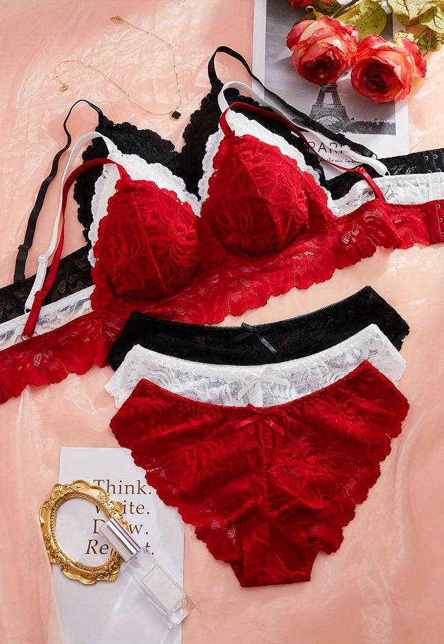 Velora | 3 Sets Sexy Effen Kanten Beha En Slipje