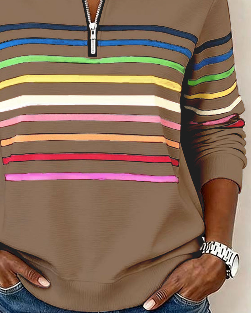 Isavelline - Sweat Zippé Décontracté à Rayures Colorées