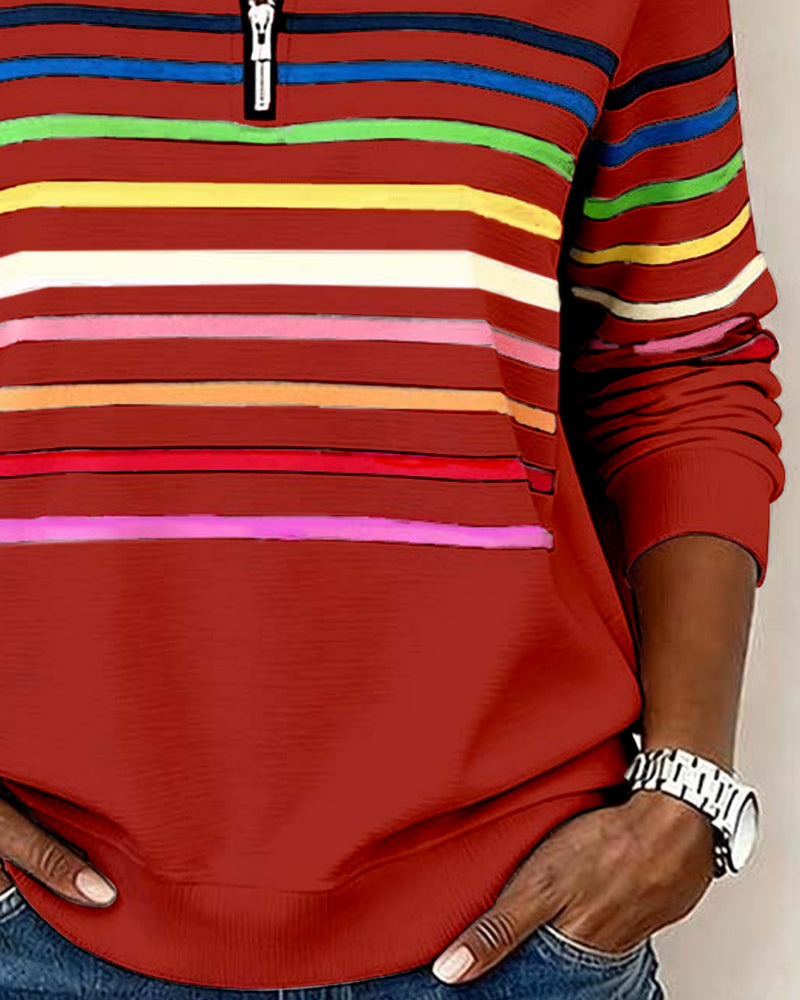 Isavelline - Sweat Zippé Décontracté à Rayures Colorées