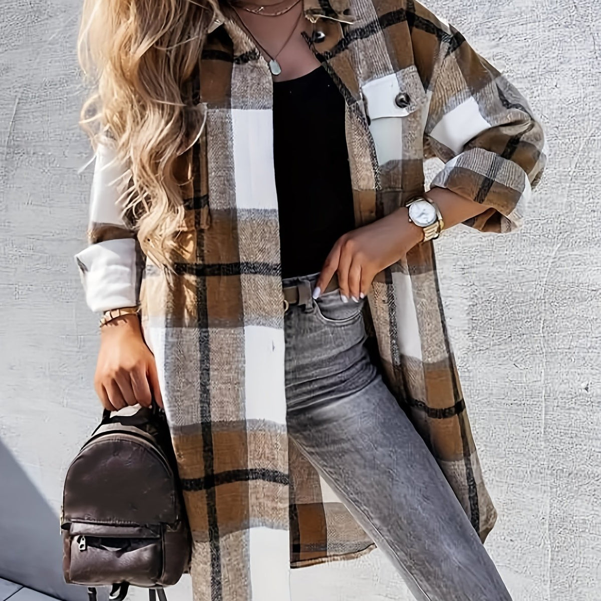 Evelora - Veste Longue à Imprimé Carreaux pour Femmes