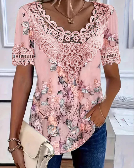 Amalina - T-shirt à Manches Courtes Imprimé Floral pour un Style Frais et Décontracté
