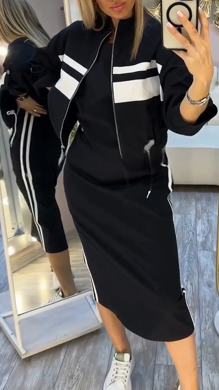 Pravella - Ensemble femme casual-chic avec robe midi à col rond et veste zippée