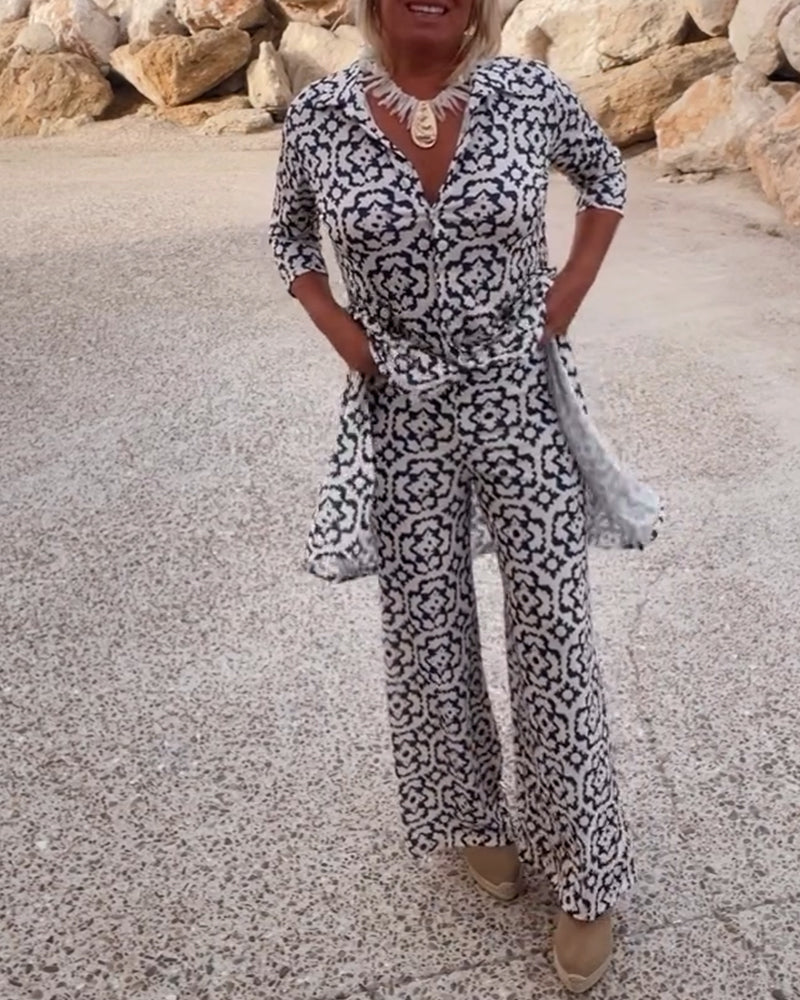 Livia - Ensemble Vintage Imprimé avec Revers et Boutons