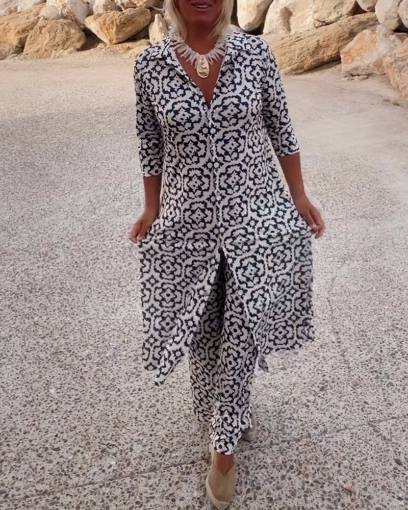 Livia - Ensemble Vintage Imprimé avec Revers et Boutons