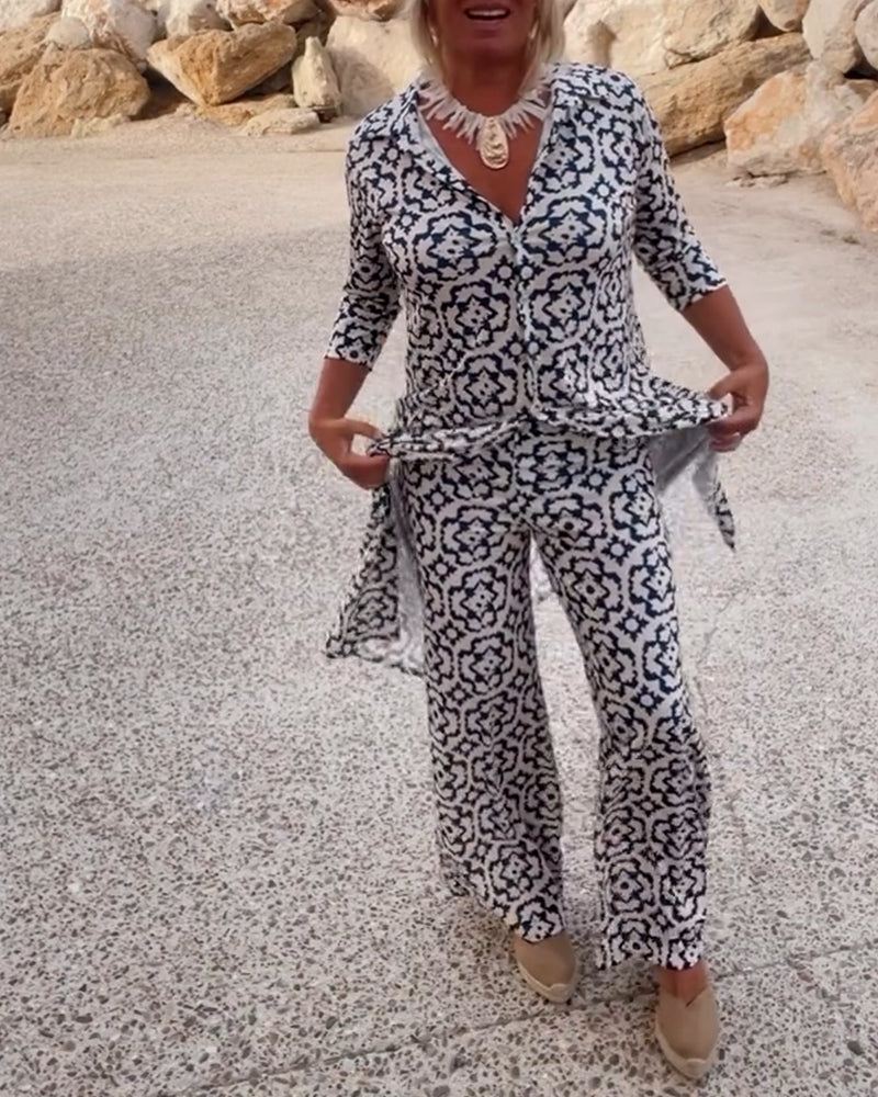 Livia - Ensemble Vintage Imprimé avec Revers et Boutons